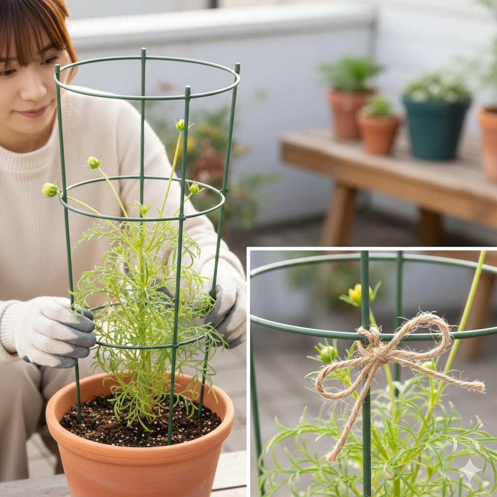 ウィンターコスモス 伸びすぎ　倒伏防止のためのリング支柱の設置と茎を傷めない結束方法