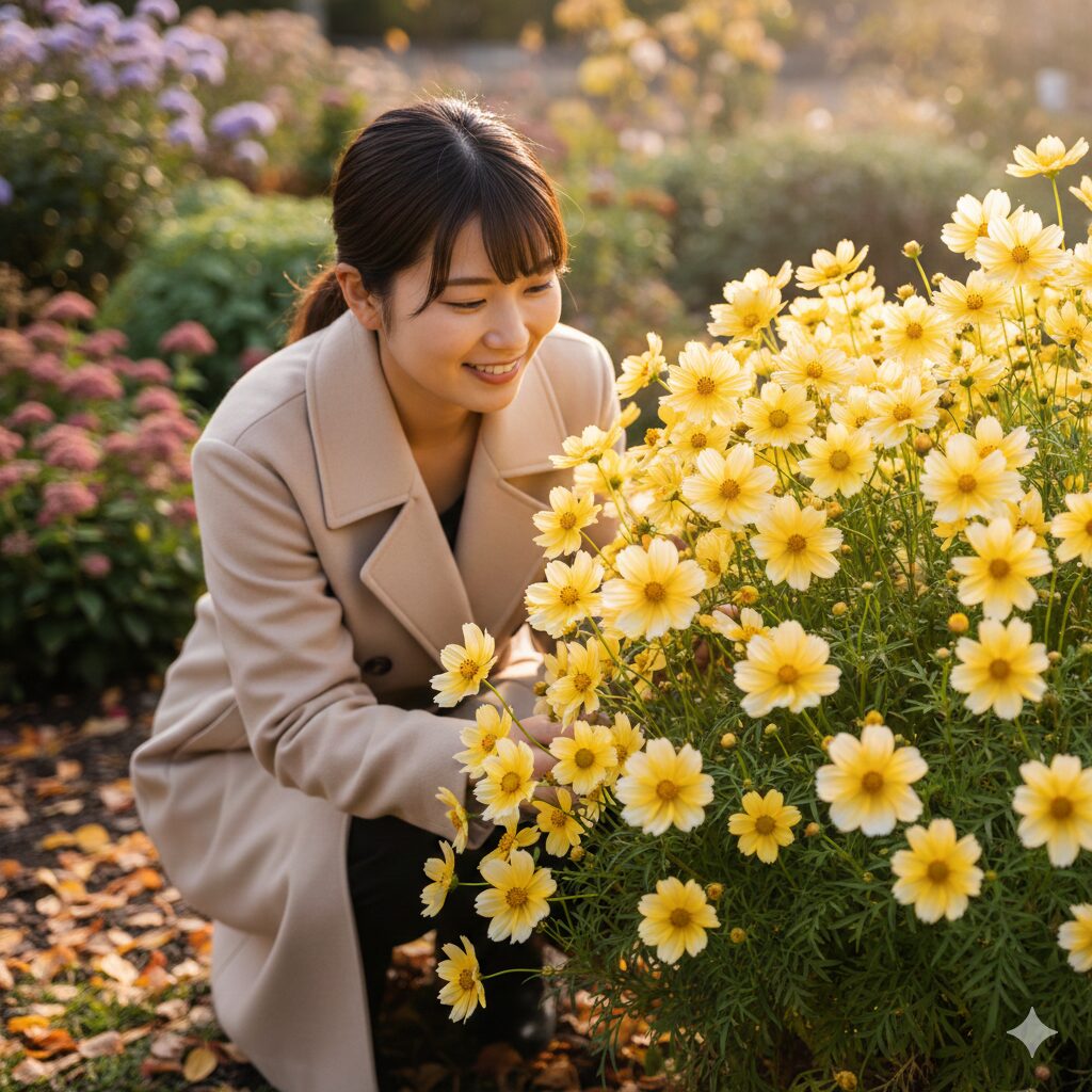晩秋の日差しを浴びて元気に咲く黄色と白のウィンターコスモスの花