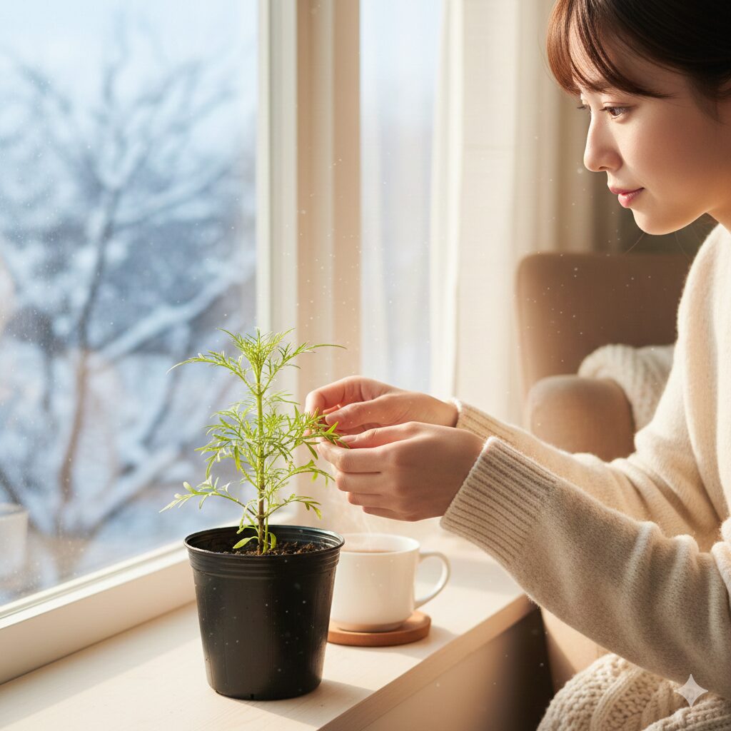 冬越しの保険として室内の明るい窓辺で管理されているウィンターコスモスの小さな挿し芽苗