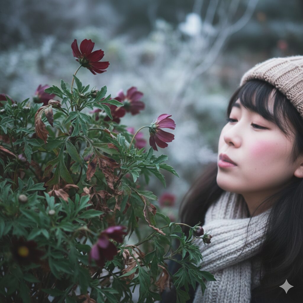 冬の寒さで葉が赤や茶色に変色したウィンターコスモス（正常な生理反応）