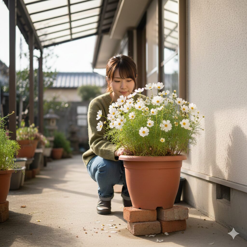 軒下でポットフィートを使い地面から浮かせて設置されたウィンターコスモスの鉢植え