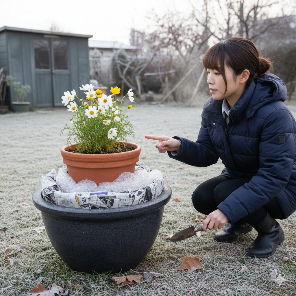 ウィンターコスモスの鉢を防寒するために二重鉢にし、隙間に断熱材を詰めた様子
