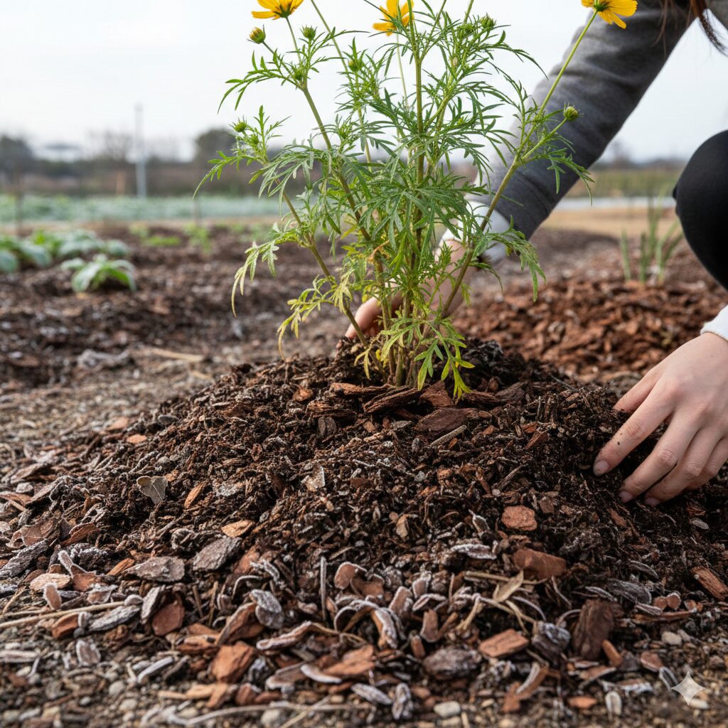 地植えのウィンターコスモスの株元に腐葉土とバークチップで施された厚いマルチング