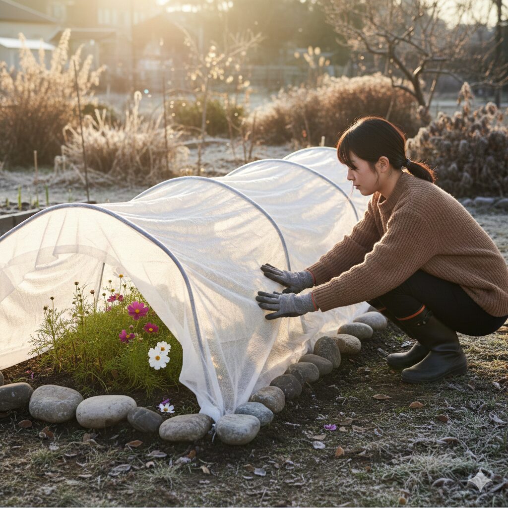 霜対策のために支柱と不織布を使ってトンネル掛けされた地植えの植物