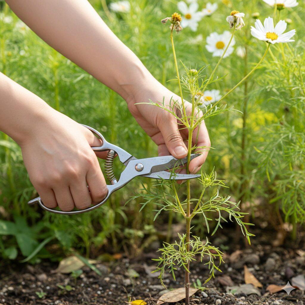 7月にウィンターコスモスの草丈を半分程度に切り戻す剪定作業の様子