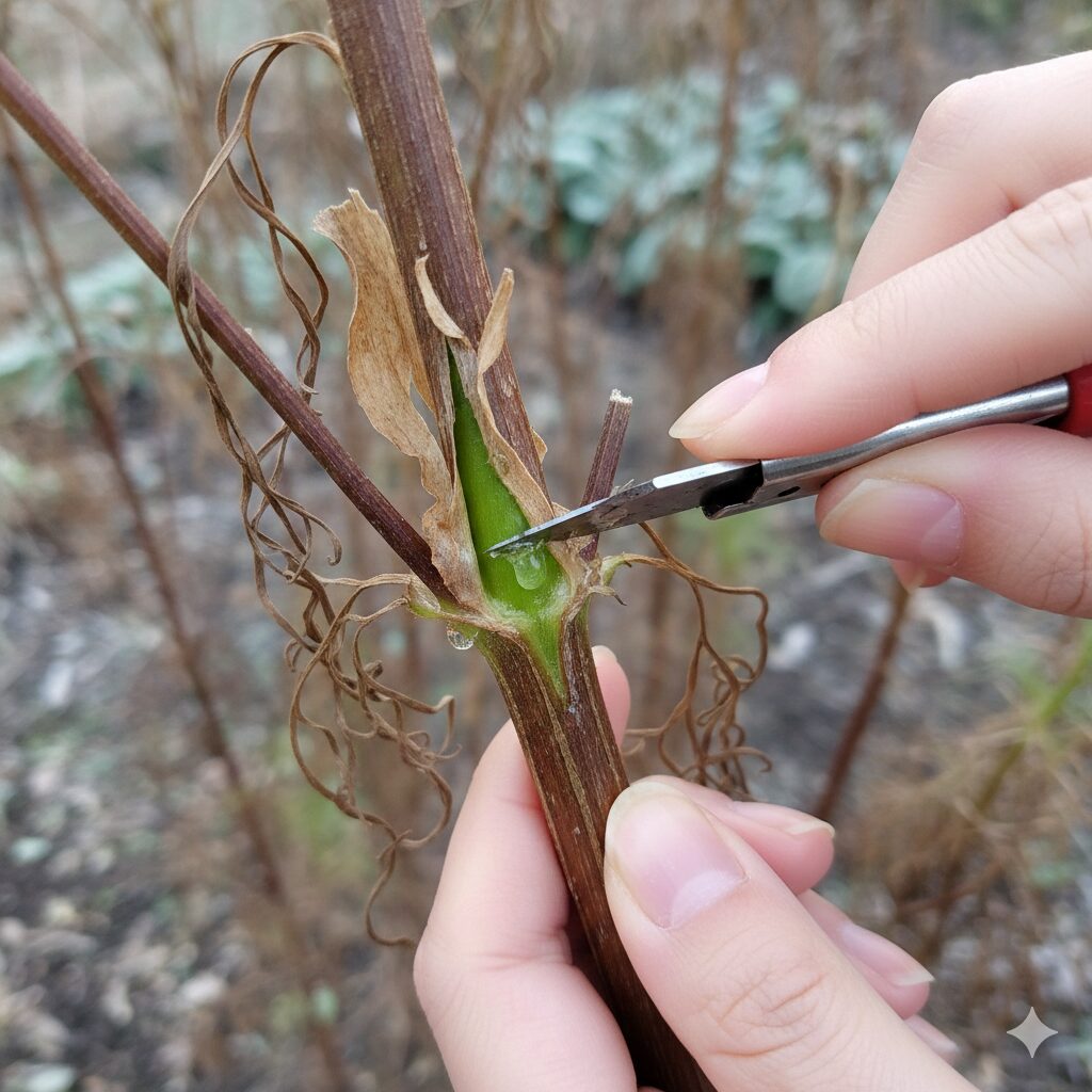 枯れたように見えるウィンターコスモスの茎を削り、内部の緑色の生存を確認するスクラッチテスト