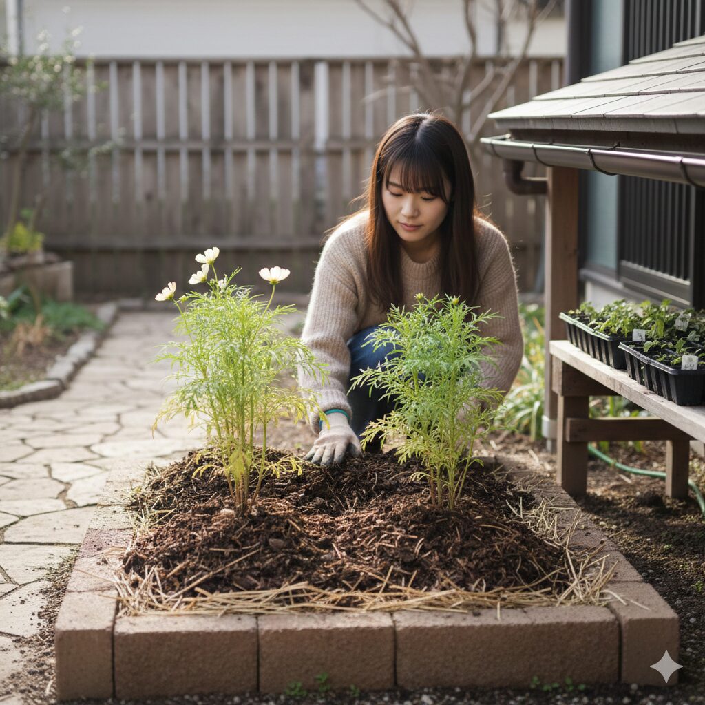 冬越しのためのマルチングが施された地植えのウィンターコスモスと、軒下に移動された鉢植えの幼苗