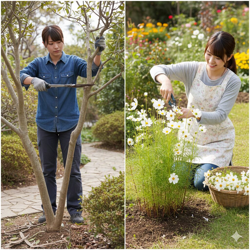 樹木の剪定とウィンターコスモスの切り戻しの違いを並べて示す画像