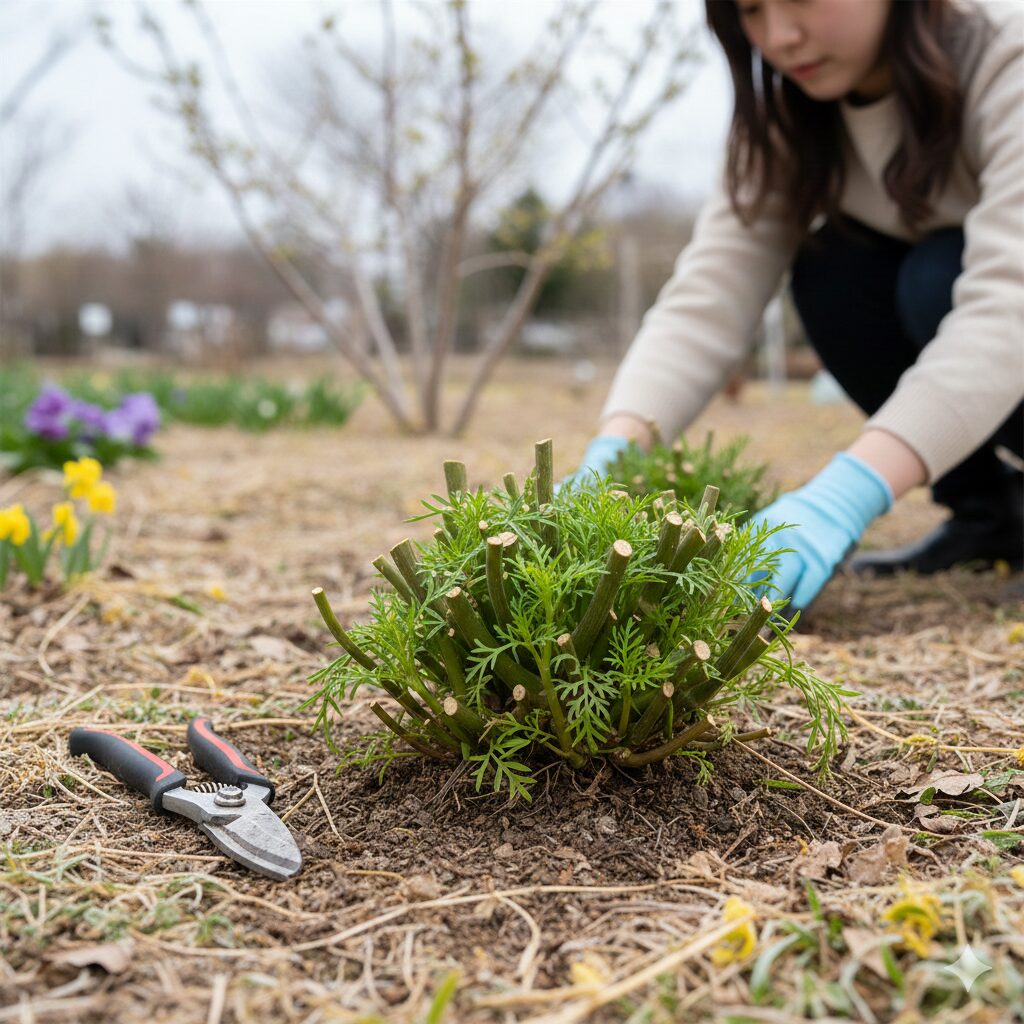 早春に強剪定され、新しい芽を出し始めたウィンターコスモスの株と剪定ハサミ