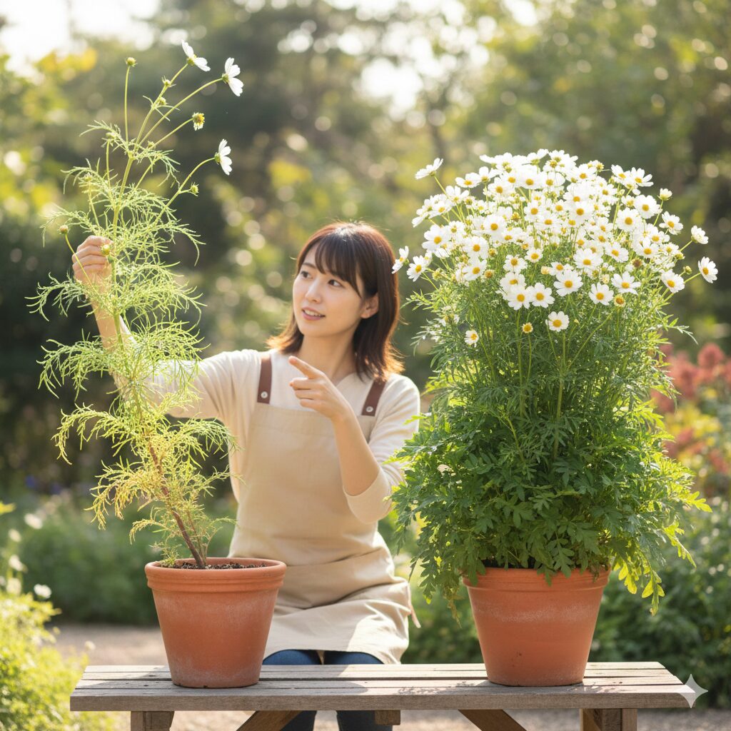 徒長したウィンターコスモスと、軽剪定で整えられた健康な株の比較