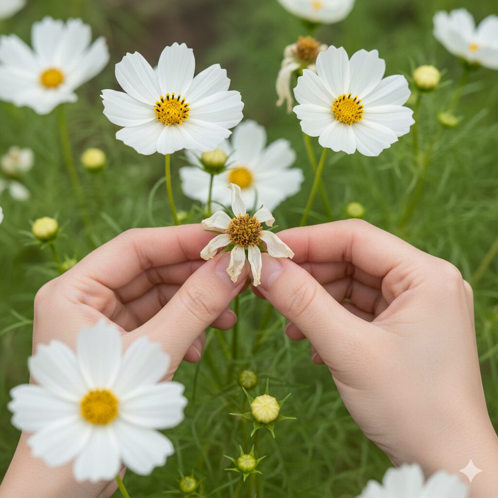 咲き終わったウィンターコスモスの花がらを摘み取り、次の開花を促す手元
