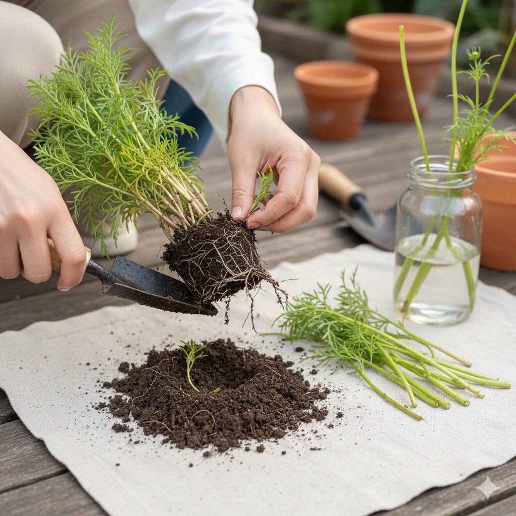 ウィンターコスモスの株を根と芽付きで切り分ける作業と、挿し穂の準備