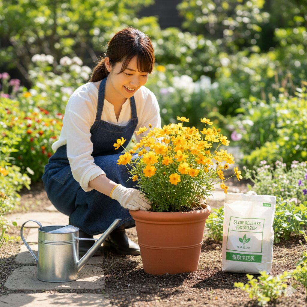 日当たりの良い場所で育てられ、水やりジョーロと肥料が置かれた健康なウィンターコスモスの鉢植え