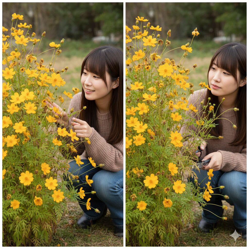 ウィンターコスモスの開花時と花後の状態を比較した写真