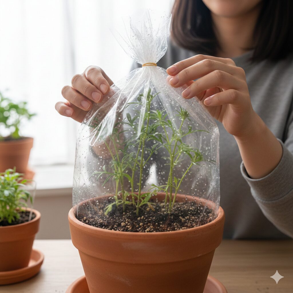 ウィンターコスモスの挿し芽がビニールで覆われた状態