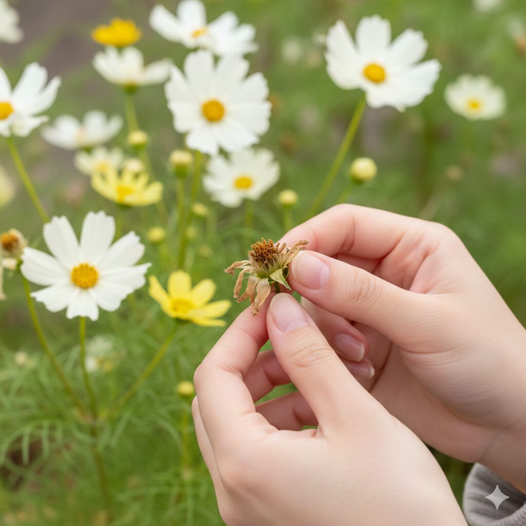 ウィンターコスモスの花がらを摘み取る手のクローズアップ