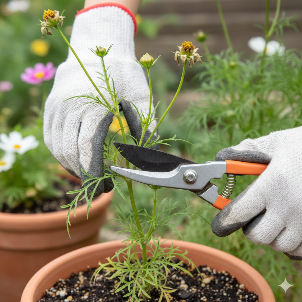 園芸用ハサミを使って、ウィンターコスモスの茎を適切な位置で切り戻している様子。切り口の下には脇芽があるのがわかるように撮影。