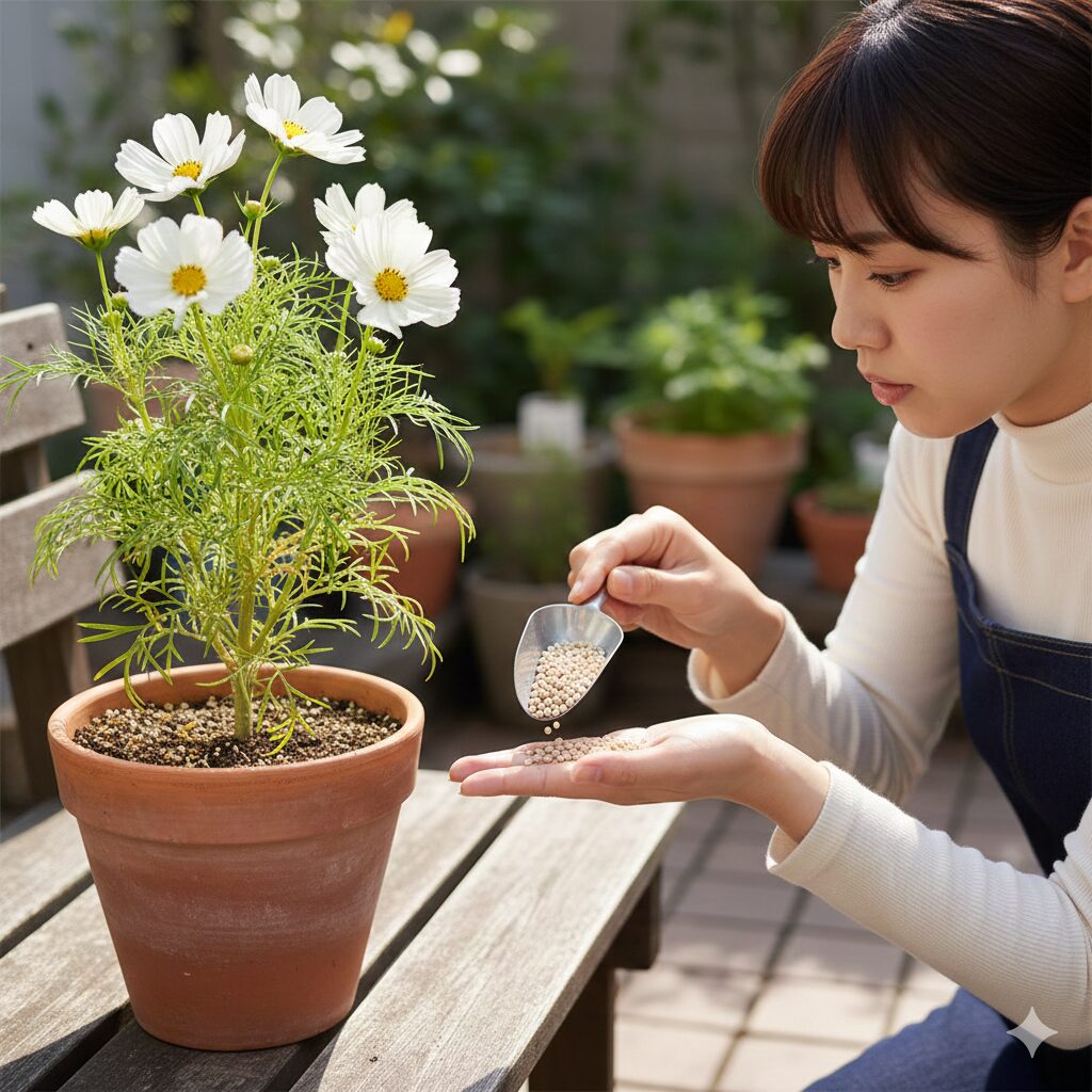 鉢植えのウィンターコスモスの株元に、少量ずつ緩効性肥料を撒いている様子。肥料が過剰にならないように控えめな量を意識していることがわかる。