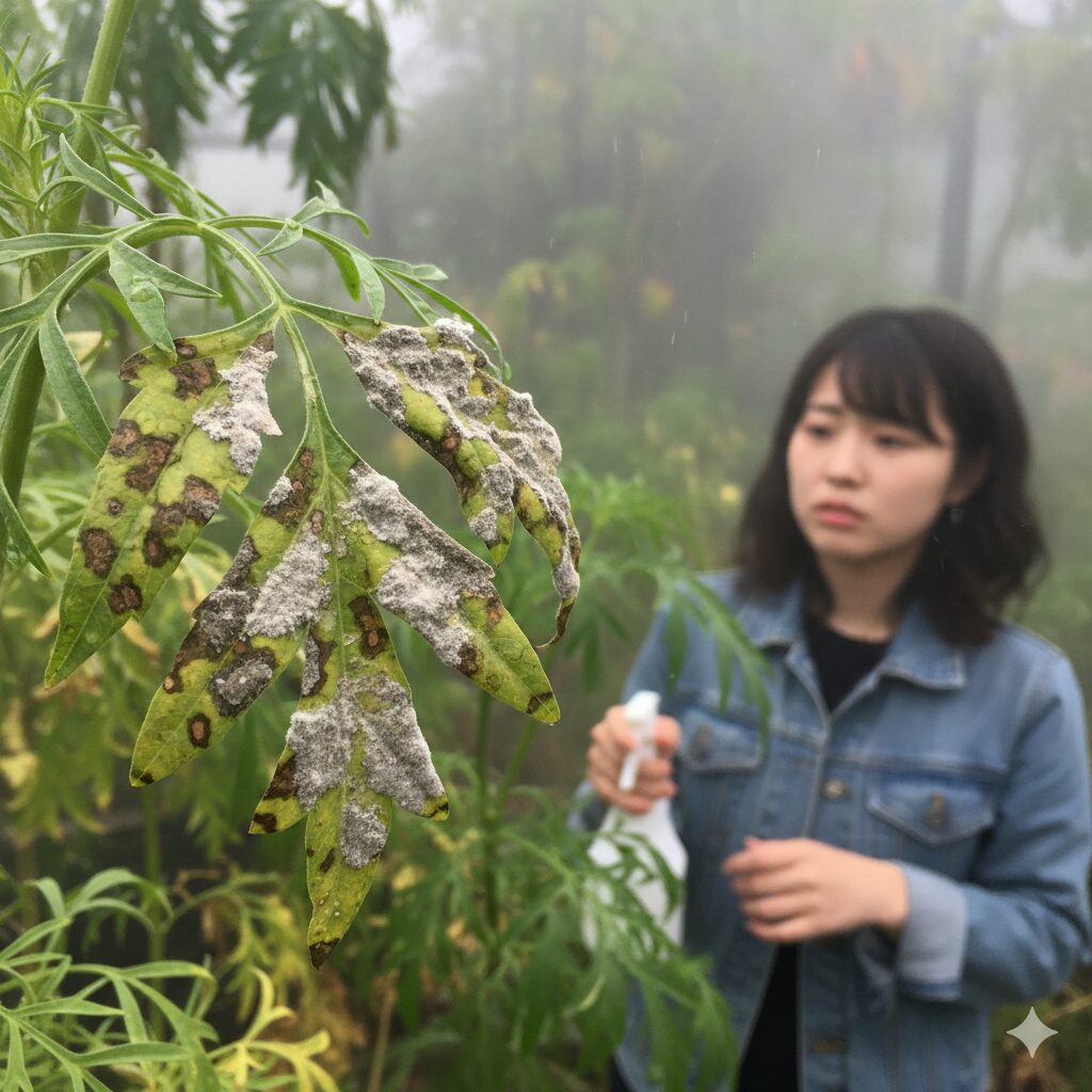 灰色かび病に感染したウィンターコスモスの葉のクローズアップ