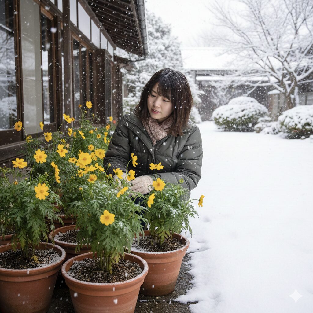 冬の軒下で越冬する鉢植えのウィンターコスモス