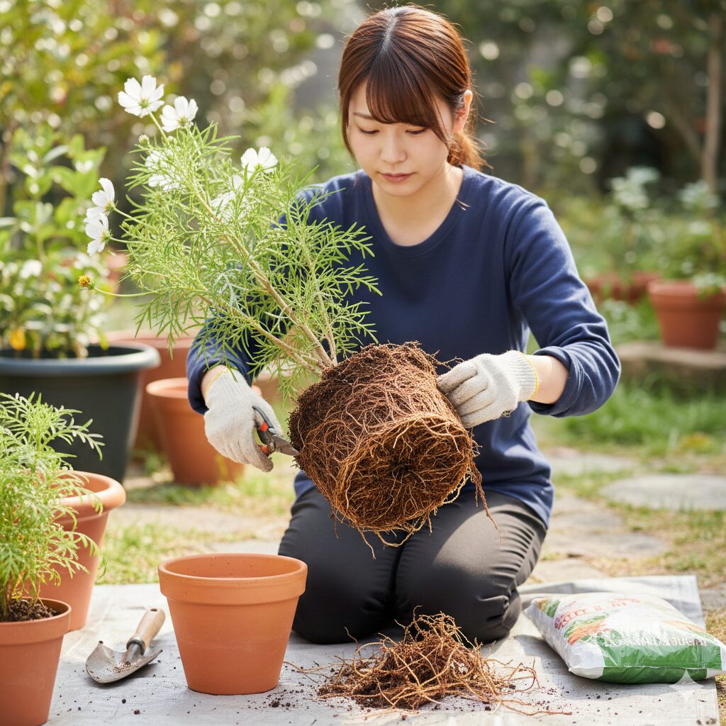 根詰まりを起こしたウィンターコスモスの根鉢と植え替えの様子