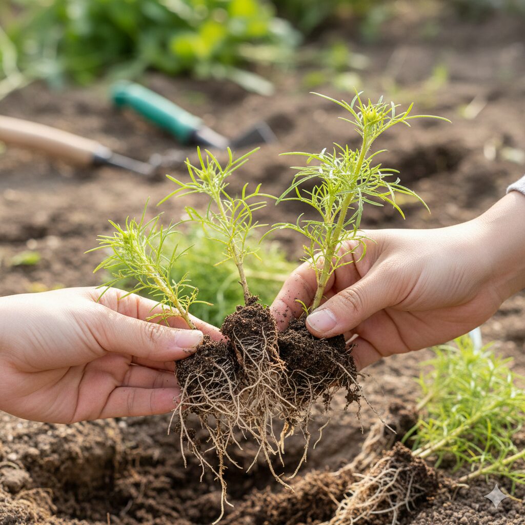 ウィンターコスモスの株分け作業をしている手元の写真