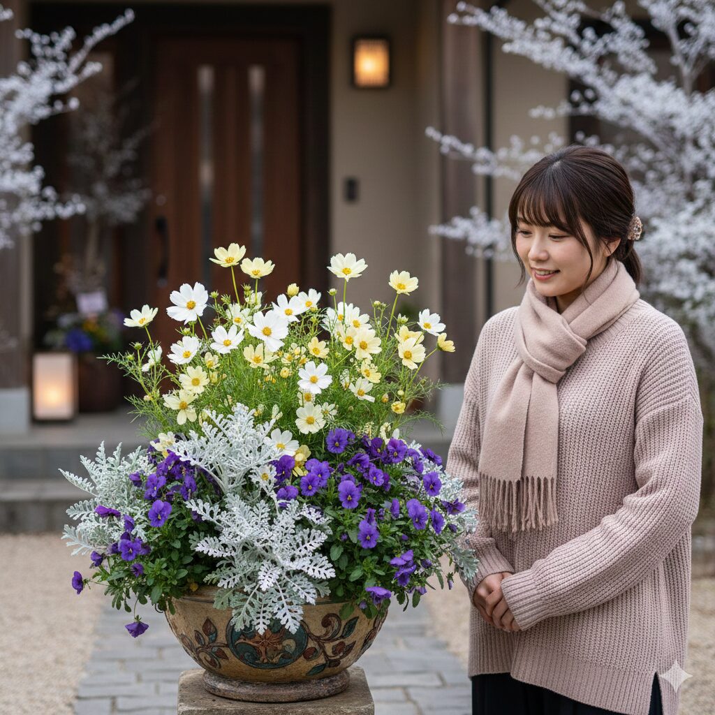 紫のビオラやシルバーリーフと組み合わせた、センスの良いウィンターコスモスの寄せ植え実例