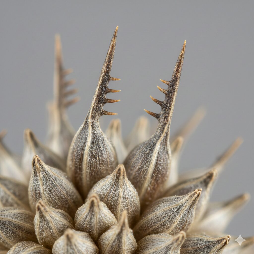 ウィンターコスモスの種子。「ひっつき虫」の原因となる先端の鋭い2本のトゲの拡大写真