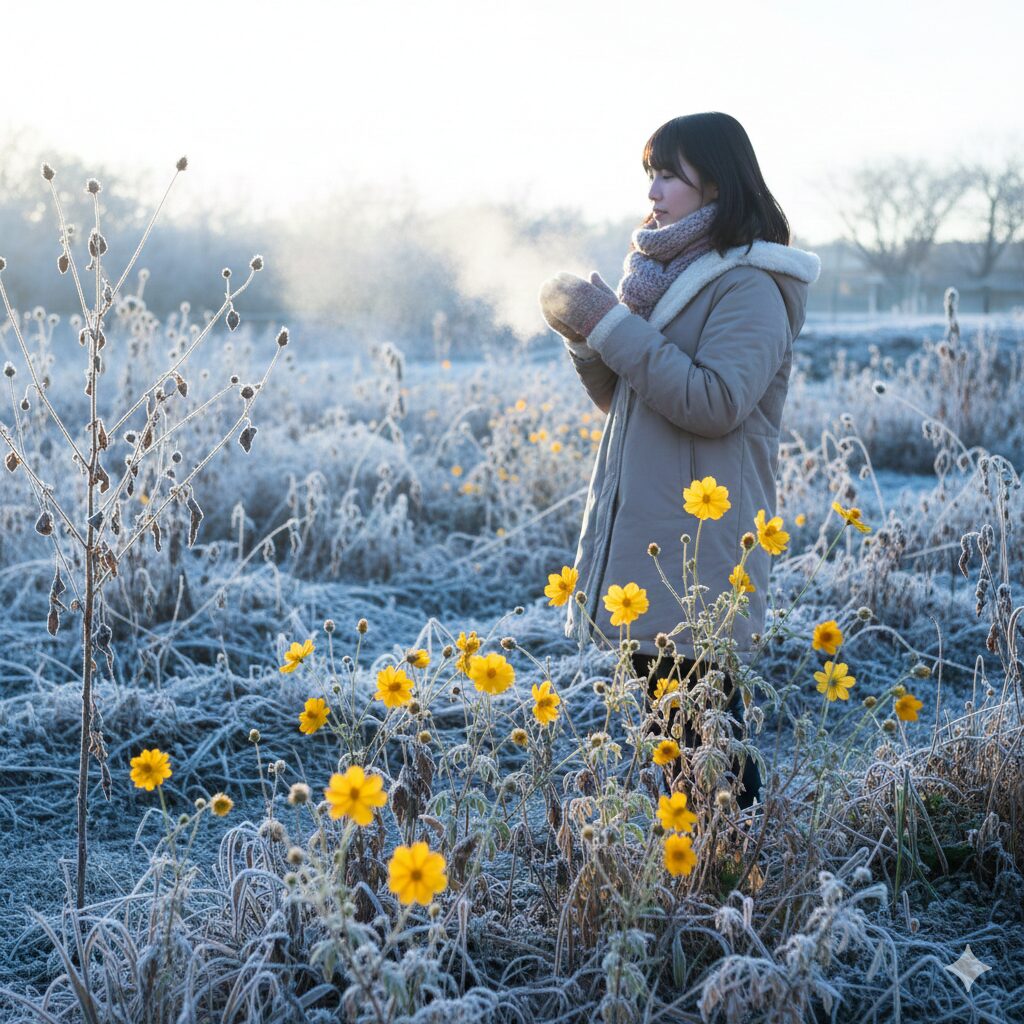 厳しい寒さと霜の中でも凛として咲き続け、花言葉「忍耐」を象徴するウィンターコスモス