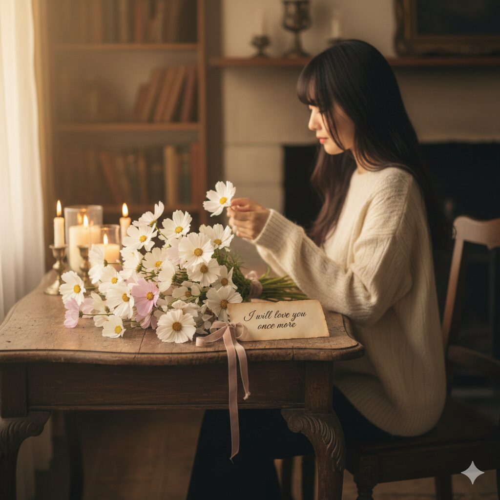 花言葉「もう一度愛します」のメッセージが添えられた、ロマンチックなウィンターコスモスの贈り物