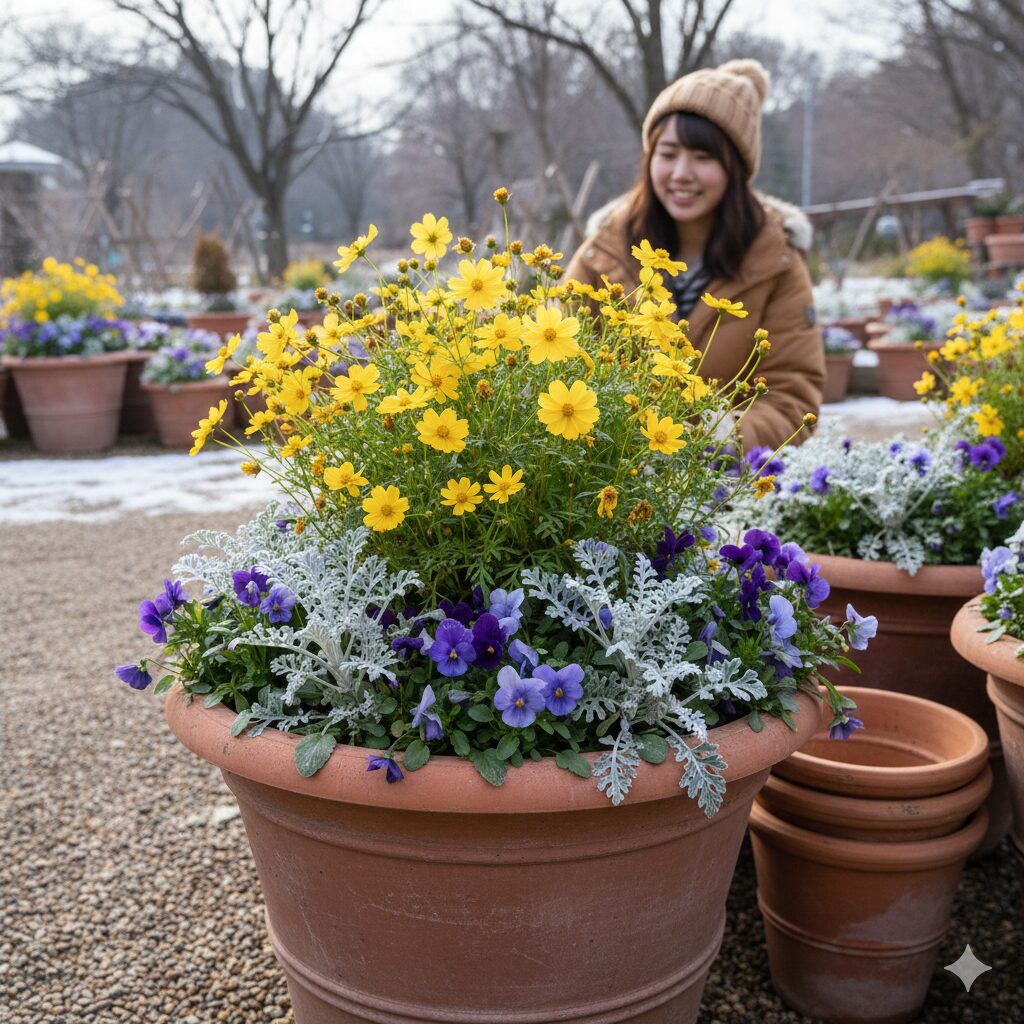 パンジーやビオラと美しく調和し、冬の寄せ植え彩るウィンターコスモス