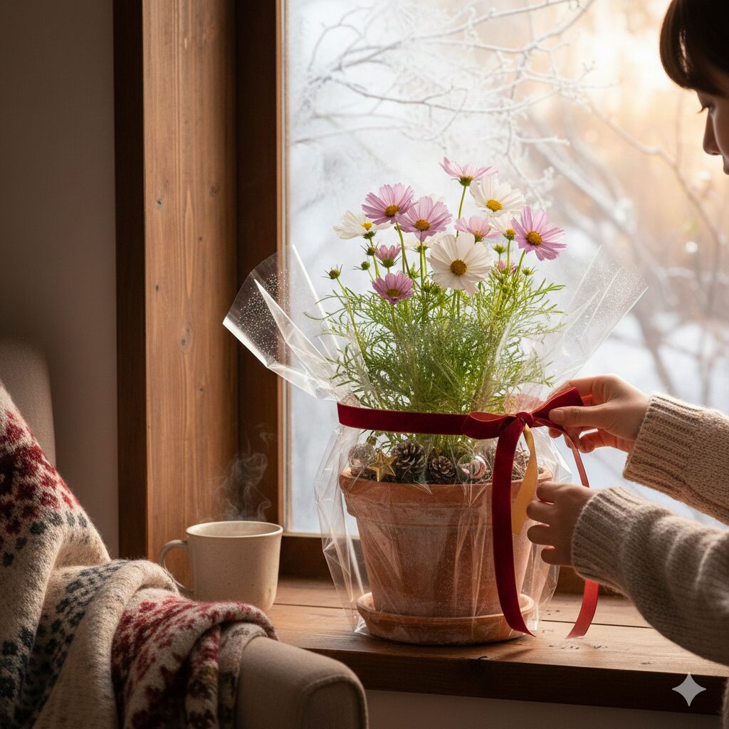 12月の誕生花ギフトとしてラッピングされた、おしゃれなウィンターコスモスの鉢植え