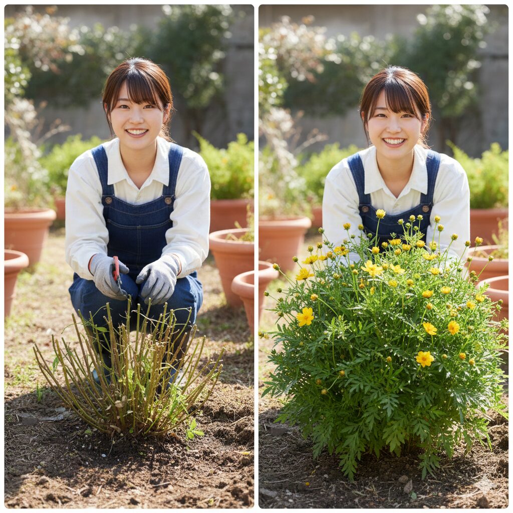 切り戻し剪定後に見事に再生し、再び蕾をつけたウィンターコスモスの様子