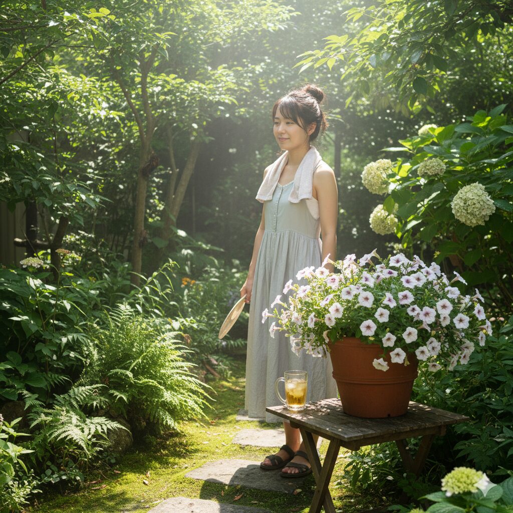 ウィンティー 、猛烈な日差しが降り注ぎ、高温多湿で蒸し暑そうな日本の夏の庭の様子。