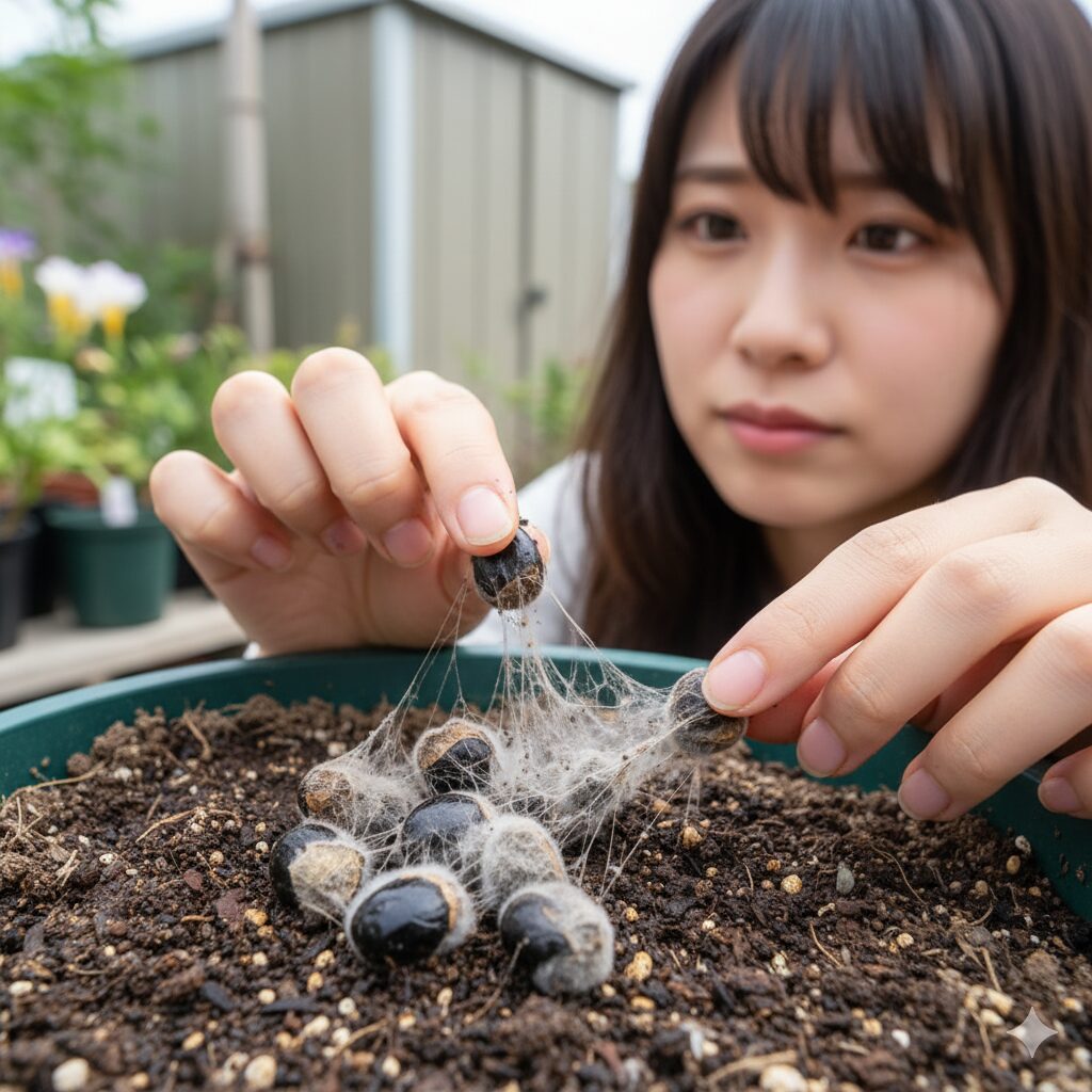 過湿な土壌で灰色カビ病に侵され腐敗し始めているウィンティーの種子のクローズアップ。