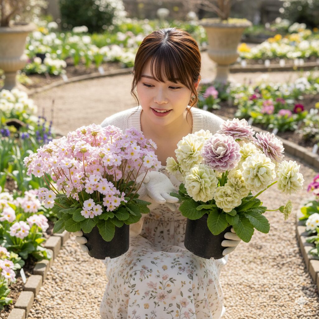 小さな花をたくさん咲かせる原種に近いプリムラ・マラコイデスと、大輪で華やかなウィンティーを並べて比較している様子。