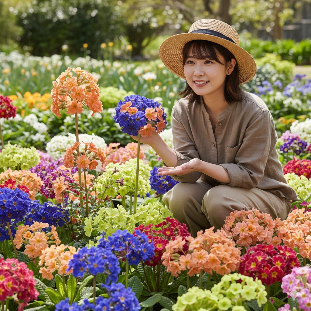 親株のウィンティーとは異なる花色や草姿で咲いたF2世代のプリムラ・マラコイデス。