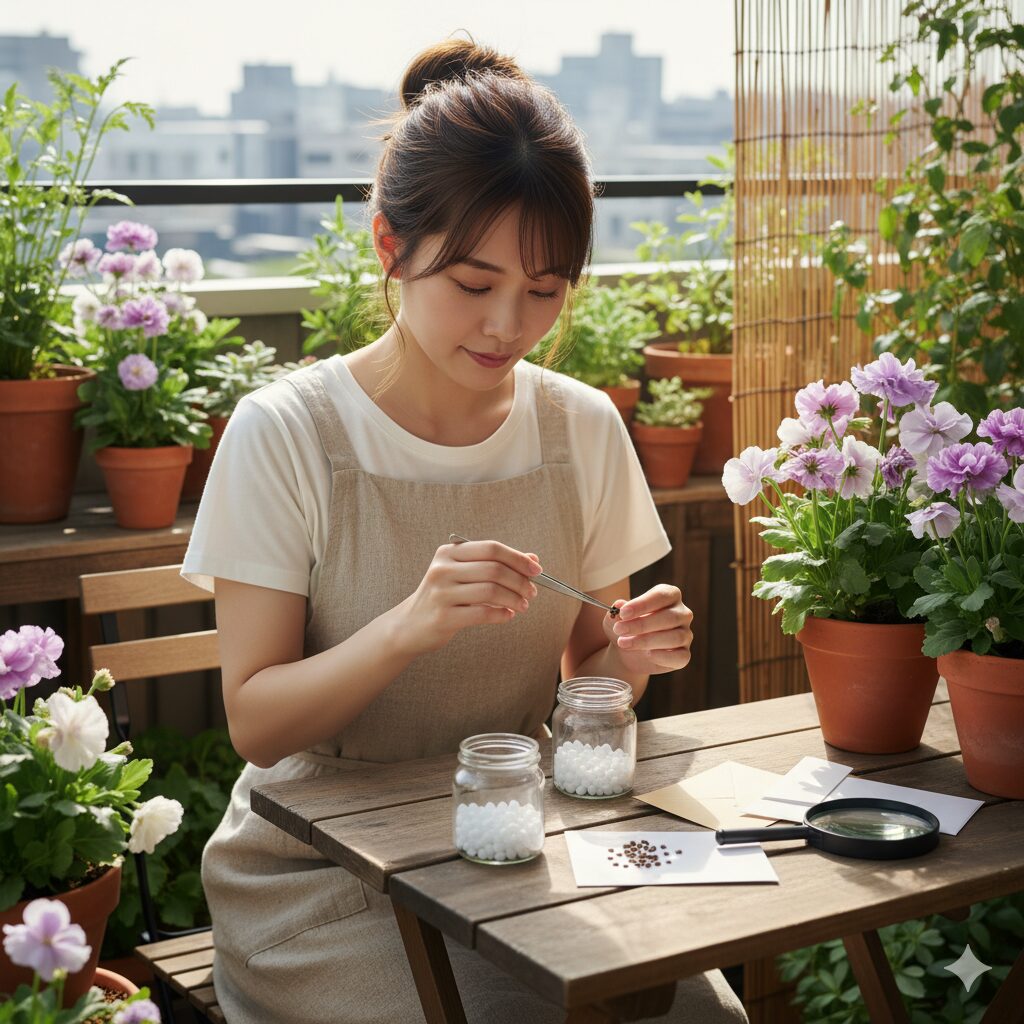 小さなピンセットでウィンティーの種子を採取し、乾燥剤と一緒に密閉容器に入れる作業。