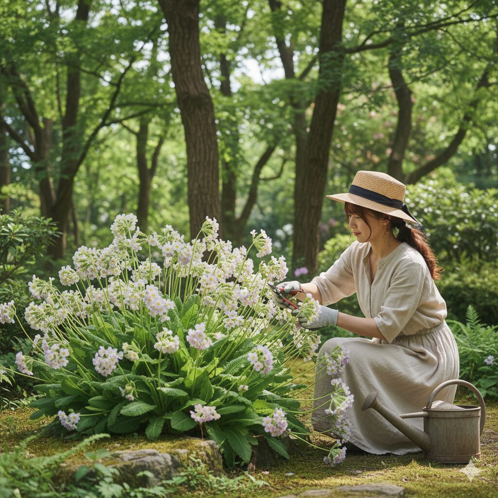 剪定され、風通し良く管理されたウィンティーの株が日陰で涼しげに夏越しをしている様子。
