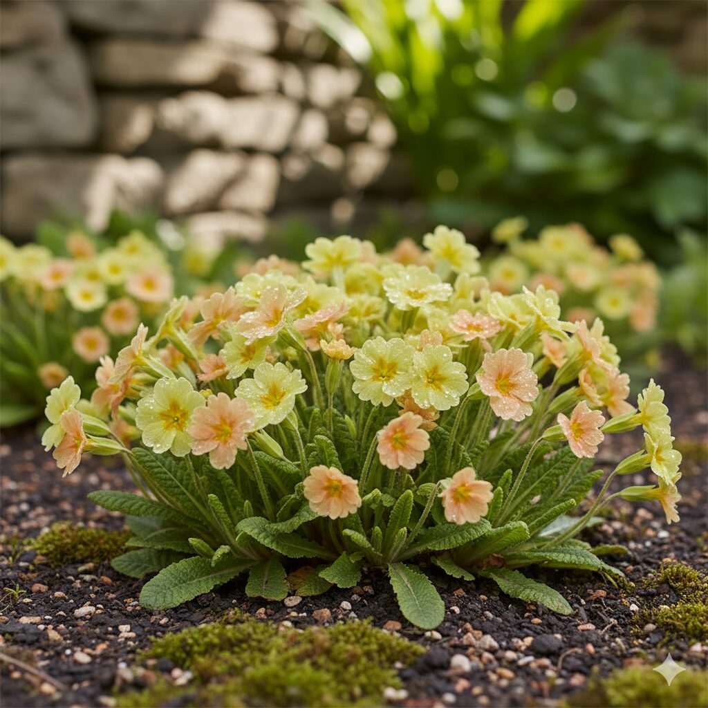 ウィンティー（ライムグリーンとピーチ）のクローズアップ。一般的なプリムラよりも花が小さく、野草のようなナチュラルな草姿をしている様子。