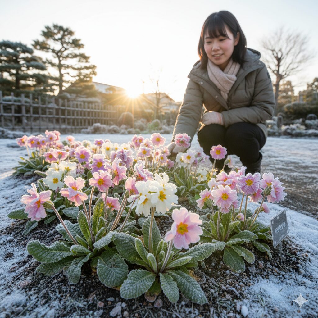 冬の寒い朝、葉や花にうっすらと霜が降りているが、萎れることなく力強く咲いている地植えのウィンティーの様子。耐寒性の強さを示す実証写真。