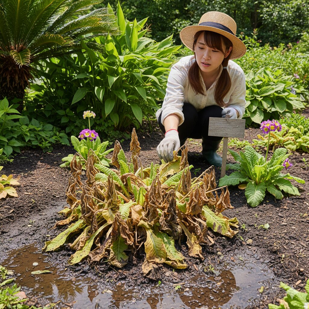 夏の高温多湿により蒸れてしまい、葉が茶色く変色して枯れこんでしまったプリムラの株。地植えでの夏越しの難しさとリスクを伝えるための失敗例のイメージ。