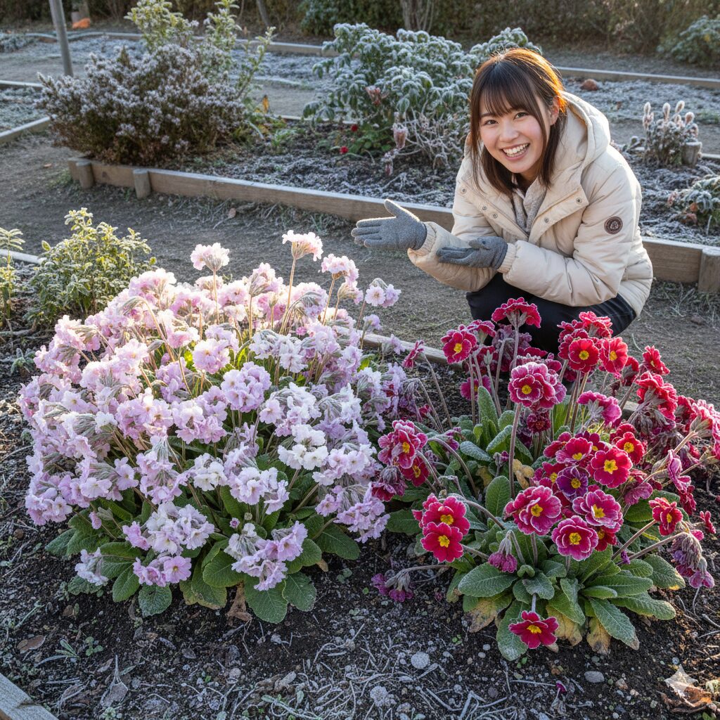 左側に小輪多花性のウィンティー、右側に大輪で花弁の厚い従来のプリムラ・マラコイデスを並べた比較写真。花姿や茎の立ち上がり方の違いがひと目で分かる図。