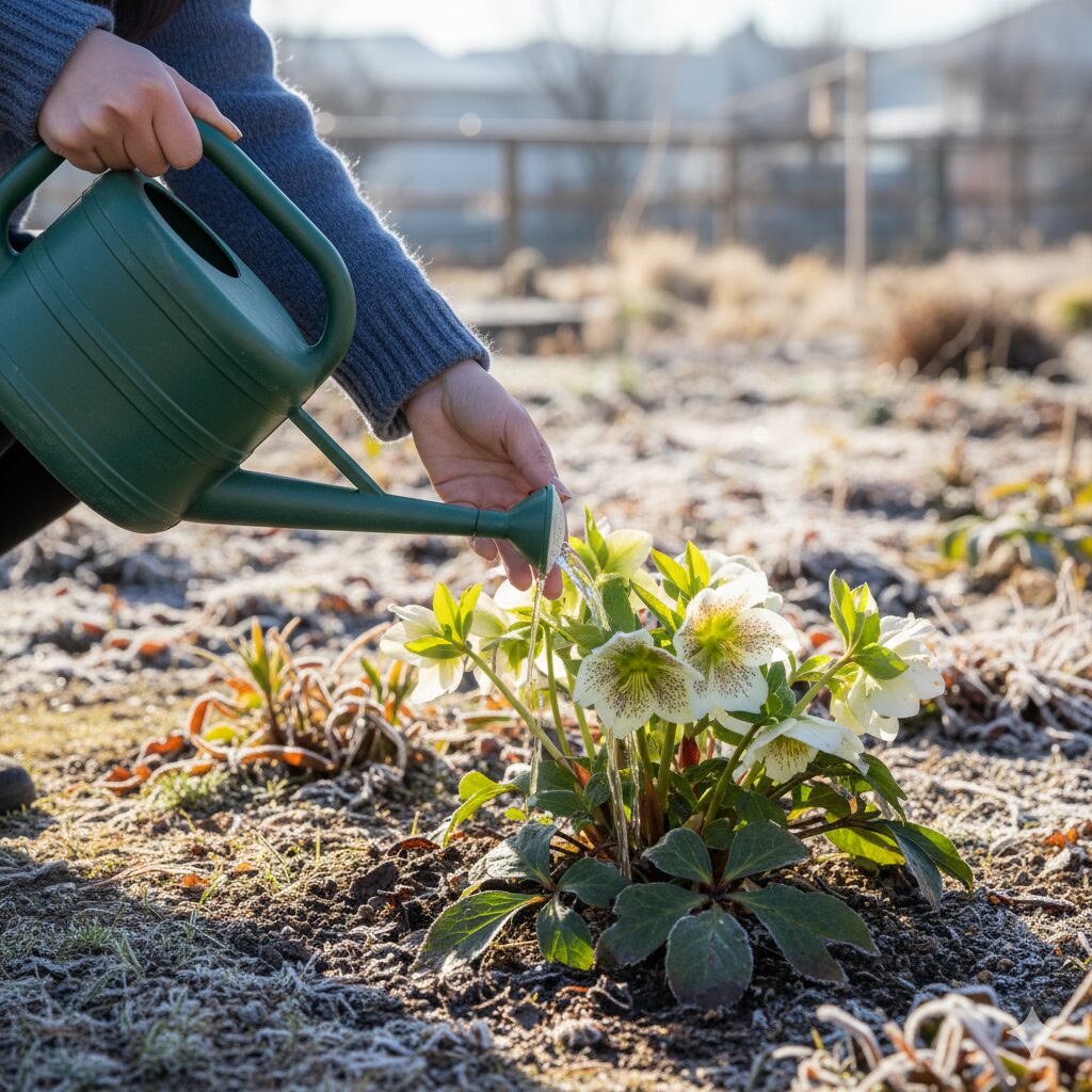 晴れた冬の日の午前中、地植えのウィンティーの株元にじょうろで優しく水やりをしている手元の写真。夕方の凍結を避ける正しい管理風景。