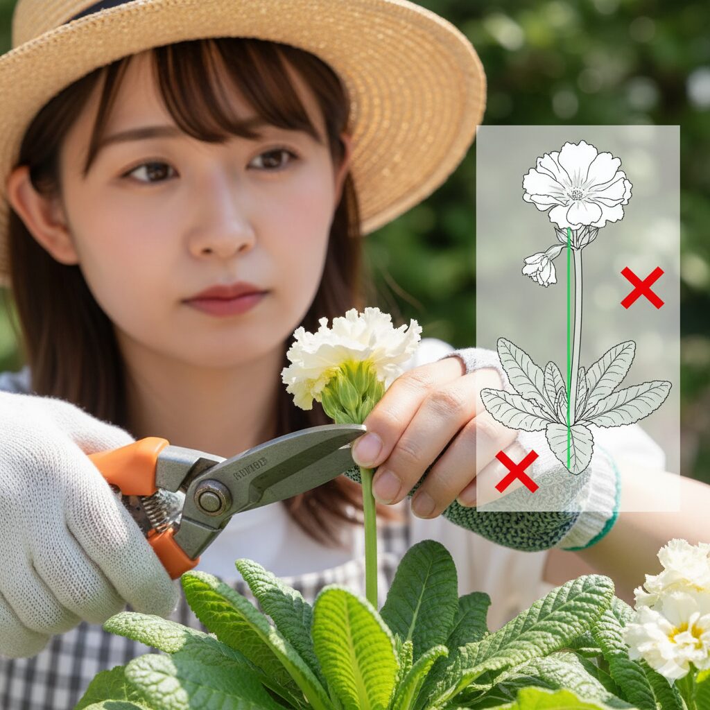 ウィンティーの花がら摘み作業のクローズアップ。咲き終わった花茎の根元に園芸用ハサミを入れ、茎ごとカットしている様子。正しい剪定位置を示す解説図。