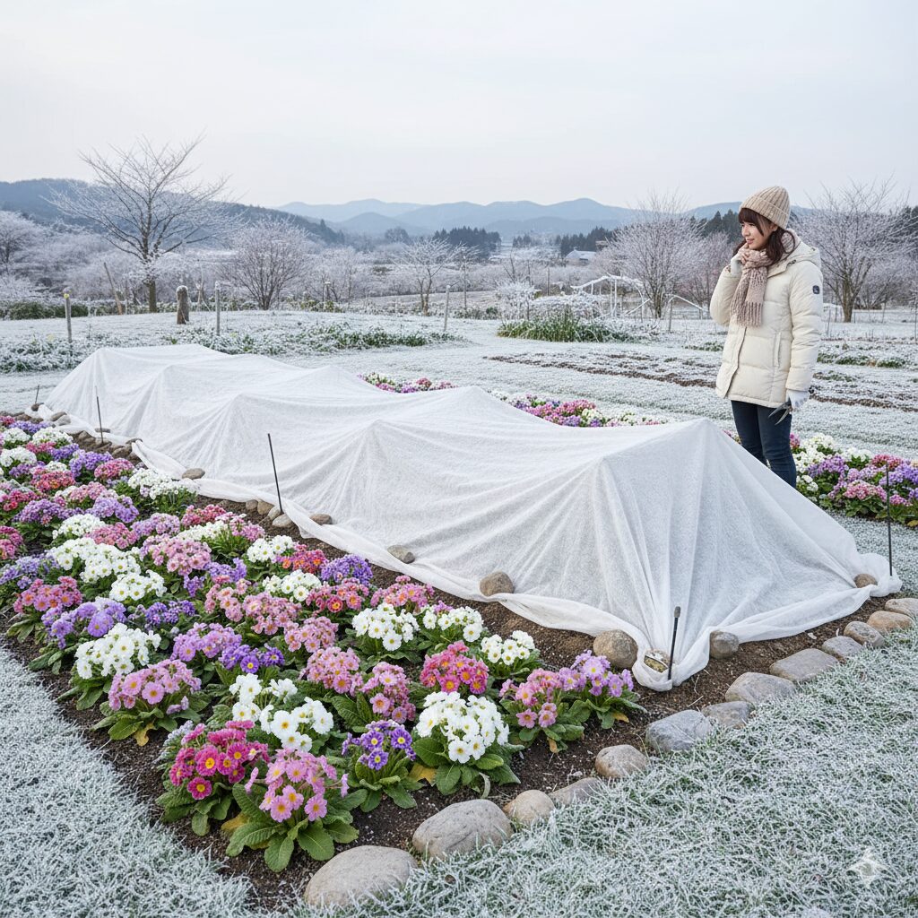 家の軒下の花壇に植えられ、雪の影響を受けずに元気に咲いているウィンティー。または、雪予報に備えて白い不織布で覆われた花壇の様子。