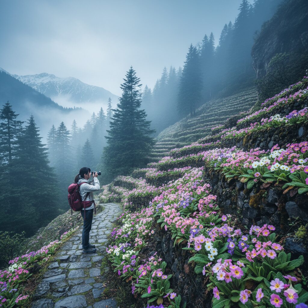 プリムラ・マラコイデスの原産地である中国雲南省の冷涼で霧がかった山岳地帯のイメージ。ウィンティーが好む本来の気候環境。