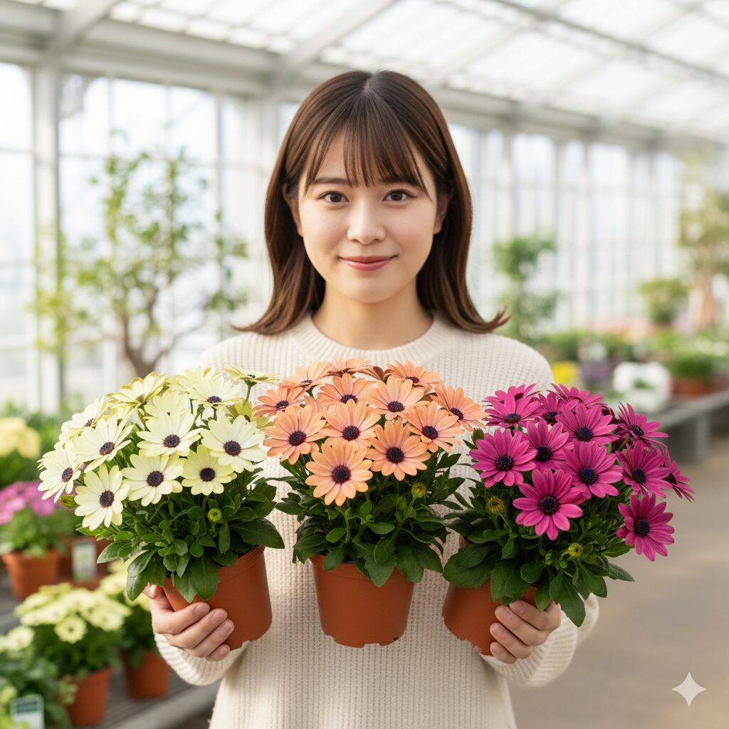 ウィンティーの主要3品種（ライムグリーン、ピーチ、ローズ）の花色比較。それぞれの色の違いと花穂の立ち上がりの特徴。