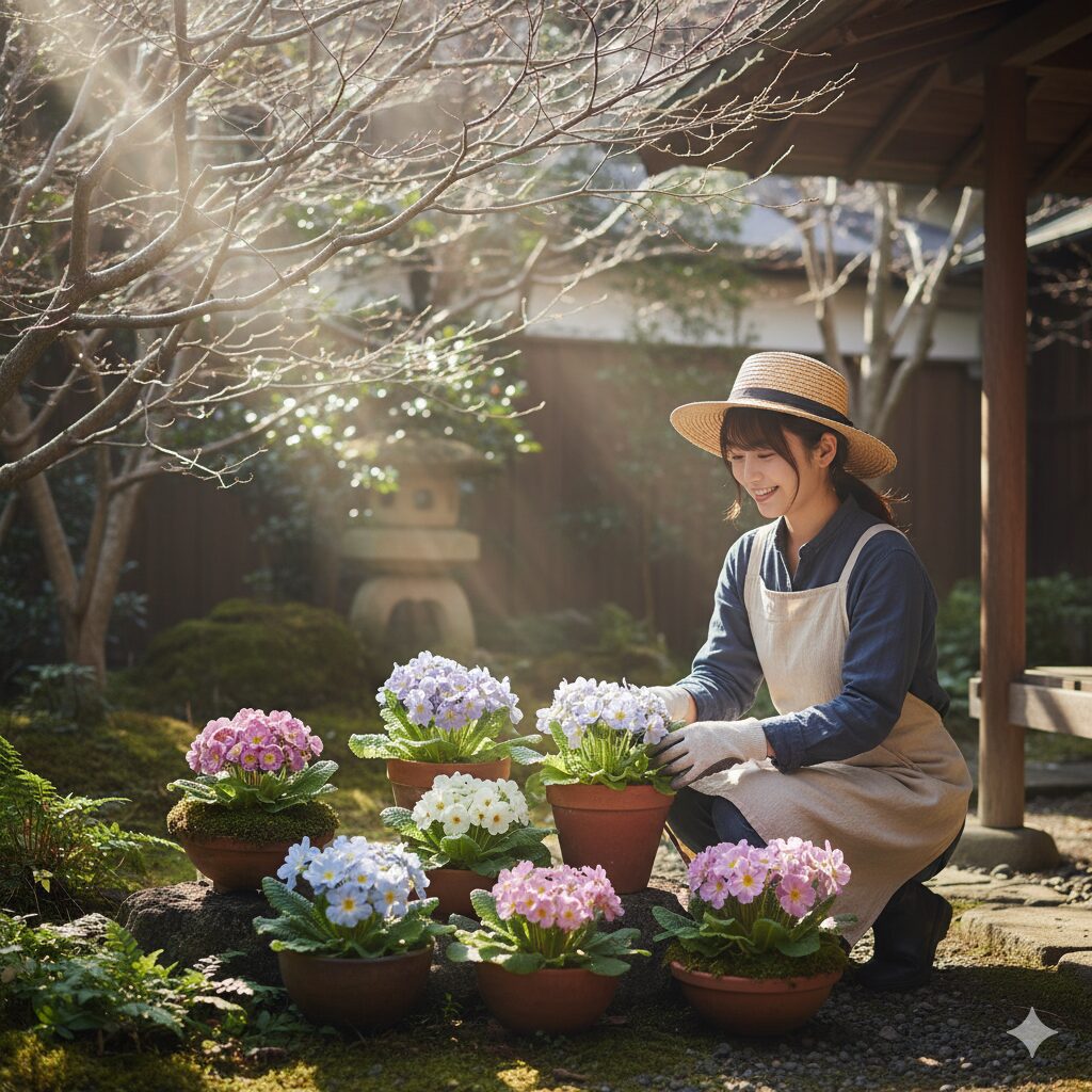 ウィンティーの最適な置き場所である「明るい半日陰」。木漏れ日が差し込む落葉樹の下や軒下に置かれた鉢植えの様子。