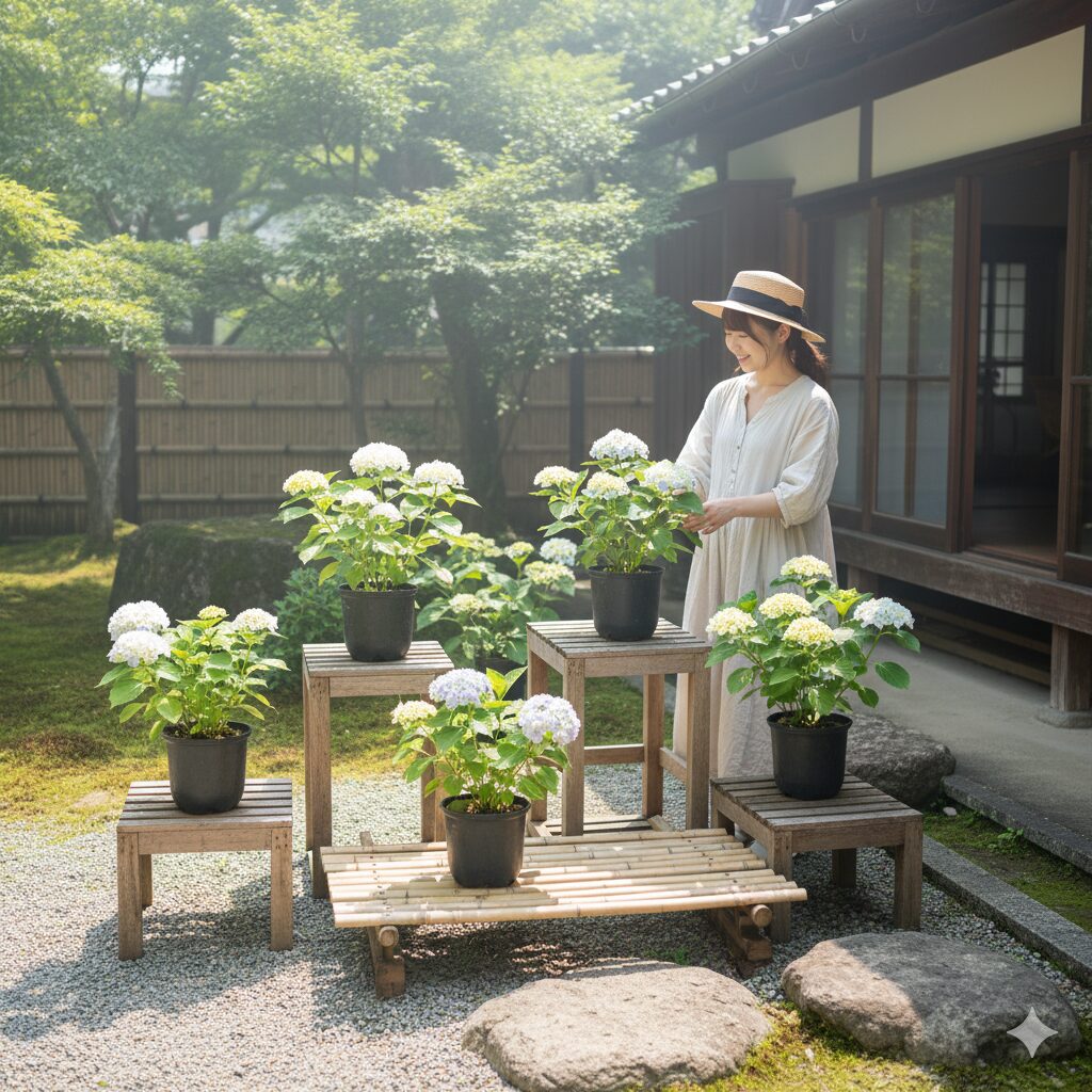 夏の高温多湿を防ぐための工夫。地面に直置きせず、フラワースタンドやスノコの上に置いて風通しを確保しているウィンティーの鉢。